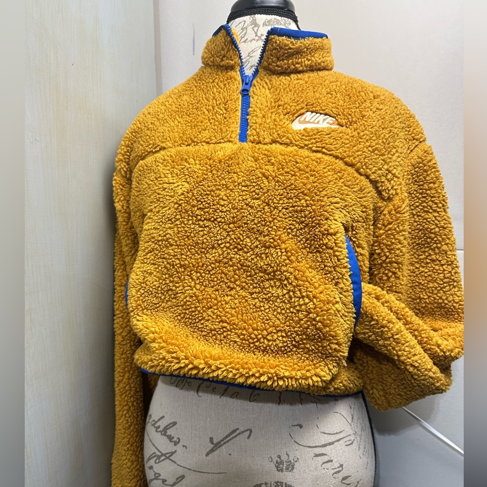 Nike Crop Cropped Sherpa Fleece Brown Orange 1/4 Zip Pullover Sweatshirt Medium